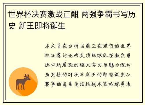 世界杯决赛激战正酣 两强争霸书写历史 新王即将诞生