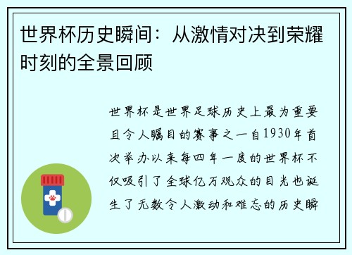 世界杯历史瞬间：从激情对决到荣耀时刻的全景回顾