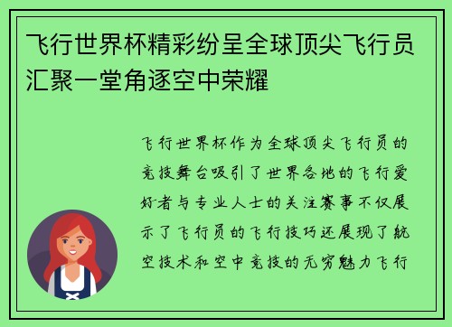 飞行世界杯精彩纷呈全球顶尖飞行员汇聚一堂角逐空中荣耀